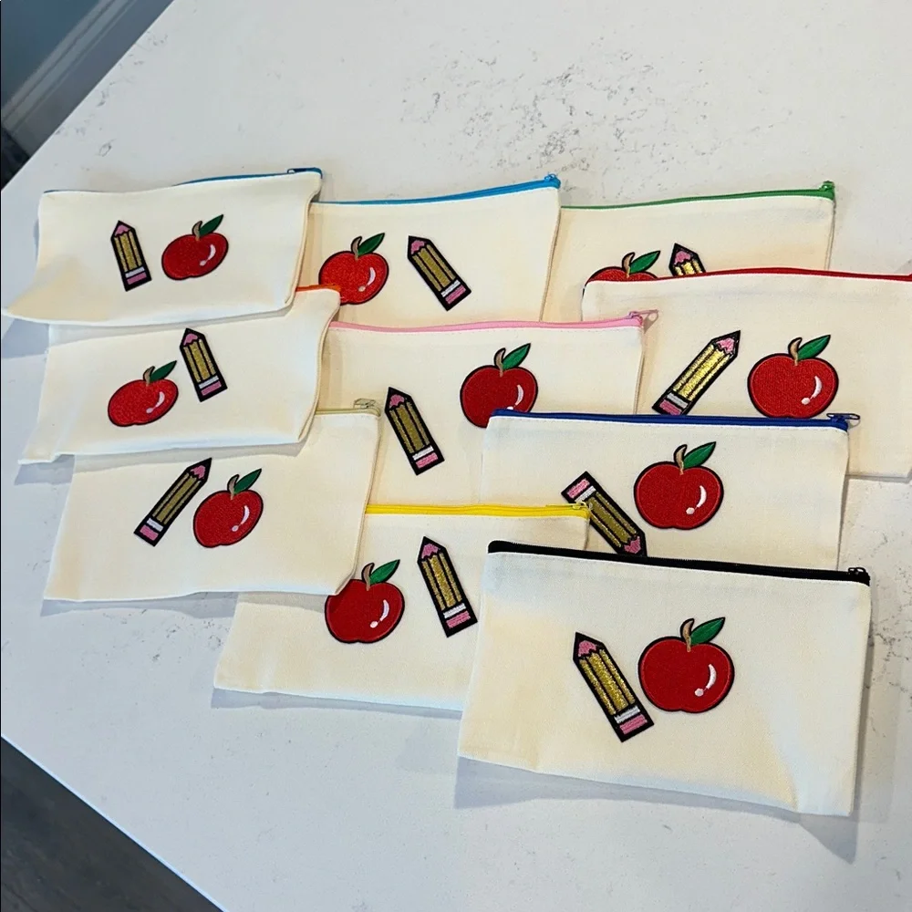 Pencil Case with Apple and Pencil Design - White
